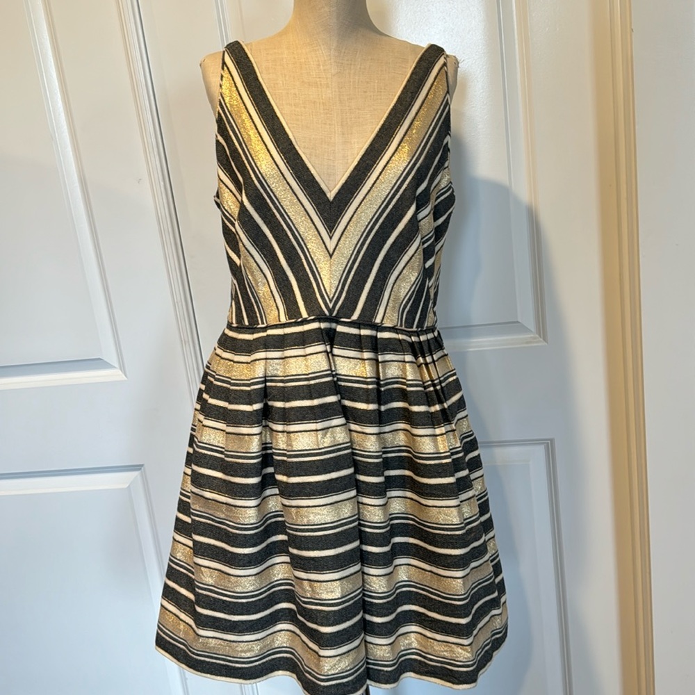 J. Crew Striped Fit & Flare Dress  Metallic Gold & Black Denim